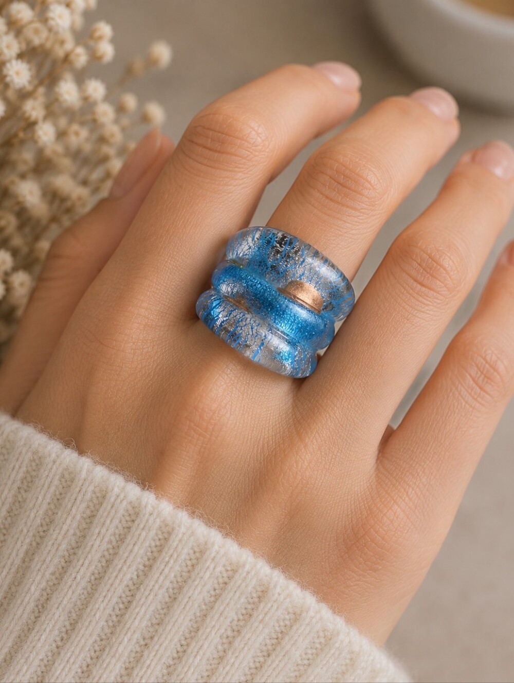 Vintage Murano Glass Ring Blue & Silver Foil Wide Band Statement Ring Size 4.5 –